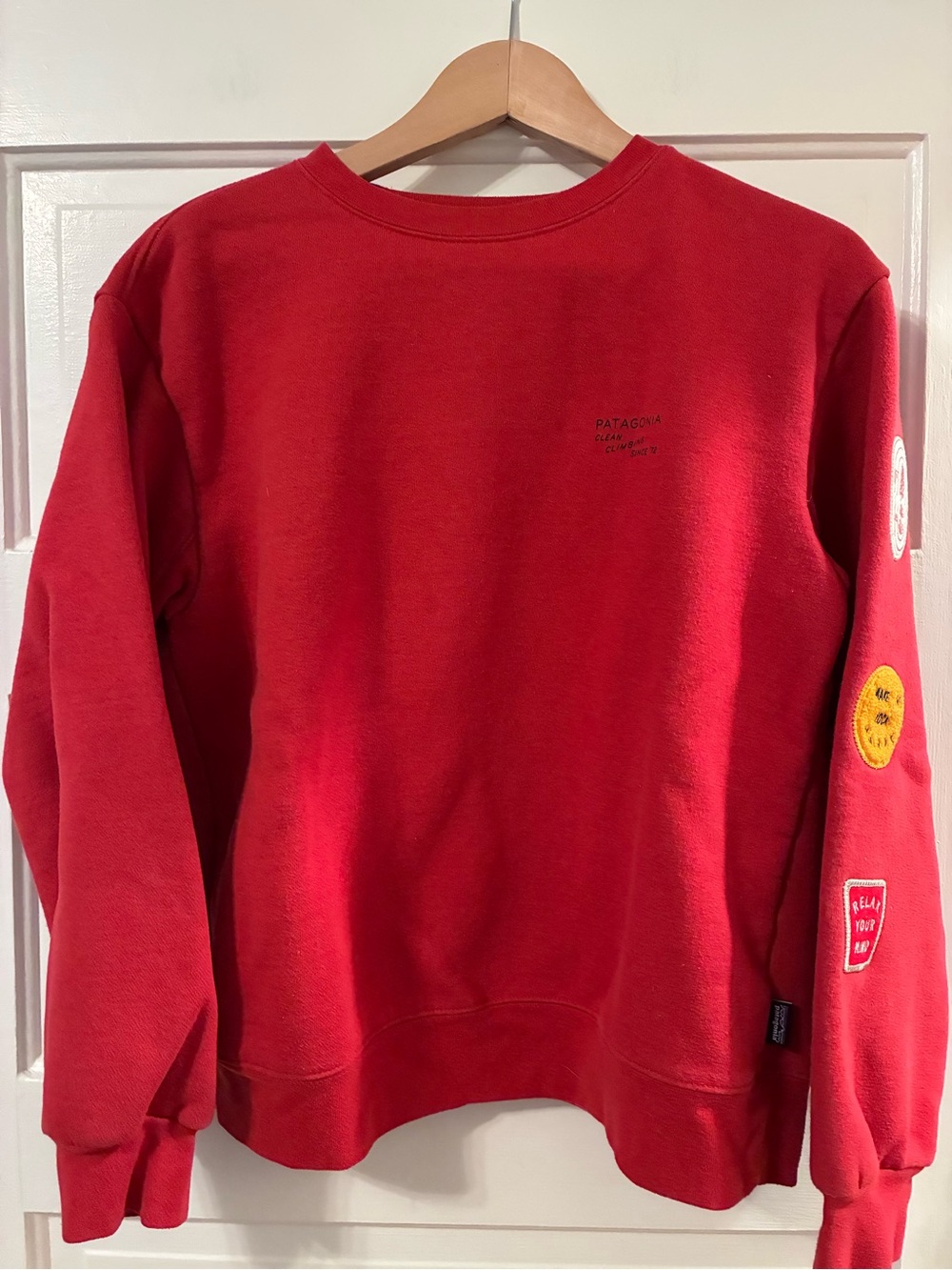 Patagonia Women's Clean Climb Badges Uprisal Crew Sweatshirt Red Medium